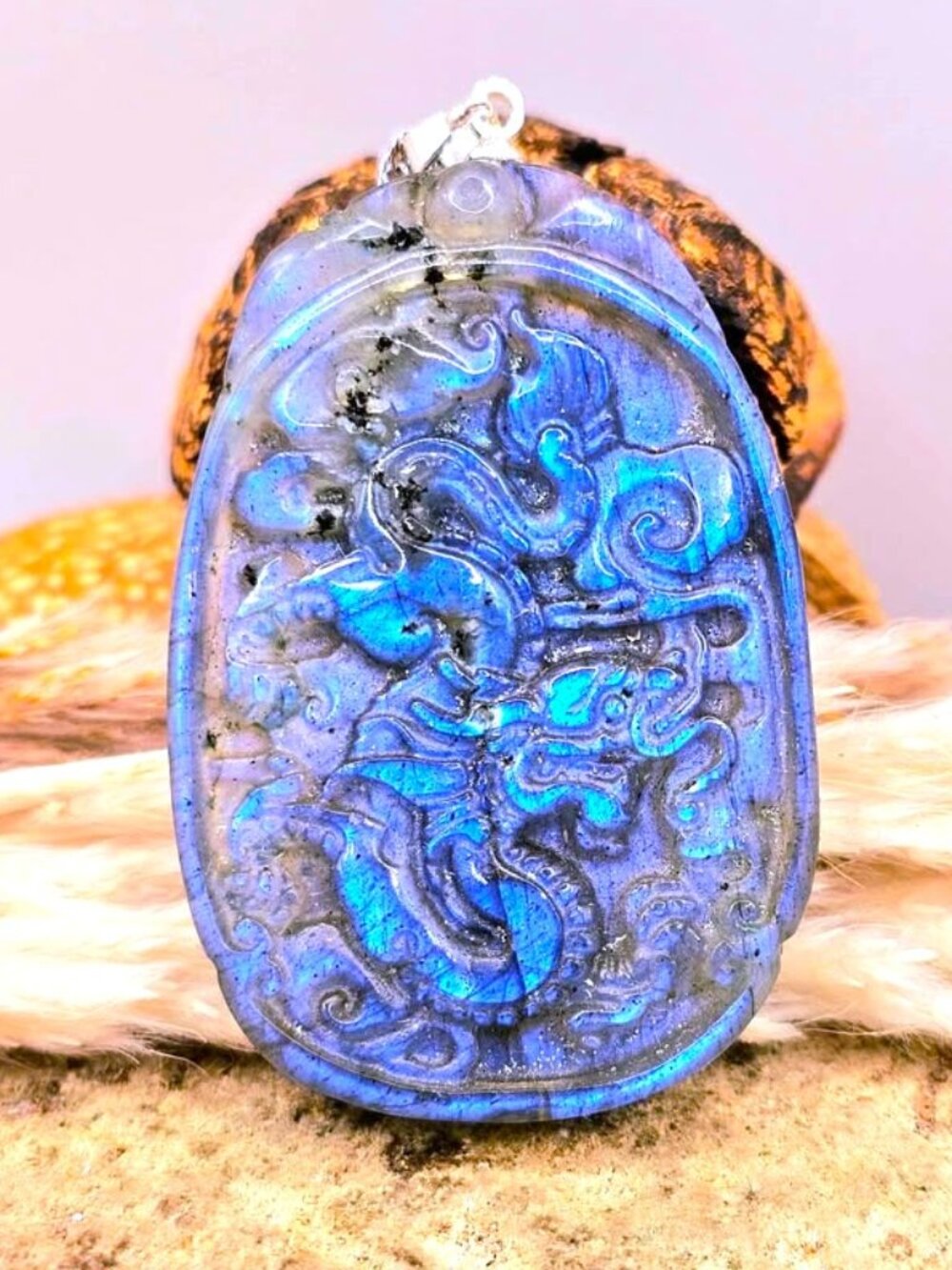 Flashy Labradorite Dragon Pendant • Carved Oriental Dragon • 1.7" Statement